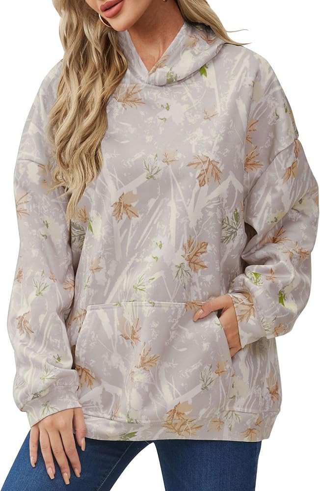 Womens Camo Hoodies Maple Leaf Print Oversized Hooded Pullover Shirt Fleece Long Sleeve Camo Swea... | Amazon (US)