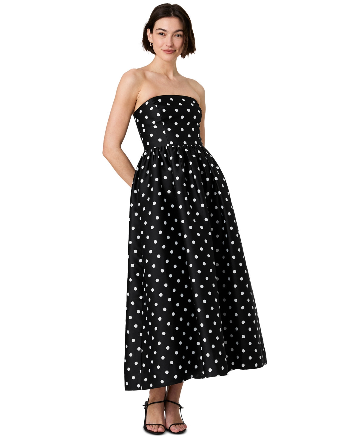French Connection Women's Structured Taffeta Strapless Polka Dot Midi Dress - Macy's | Macy's
