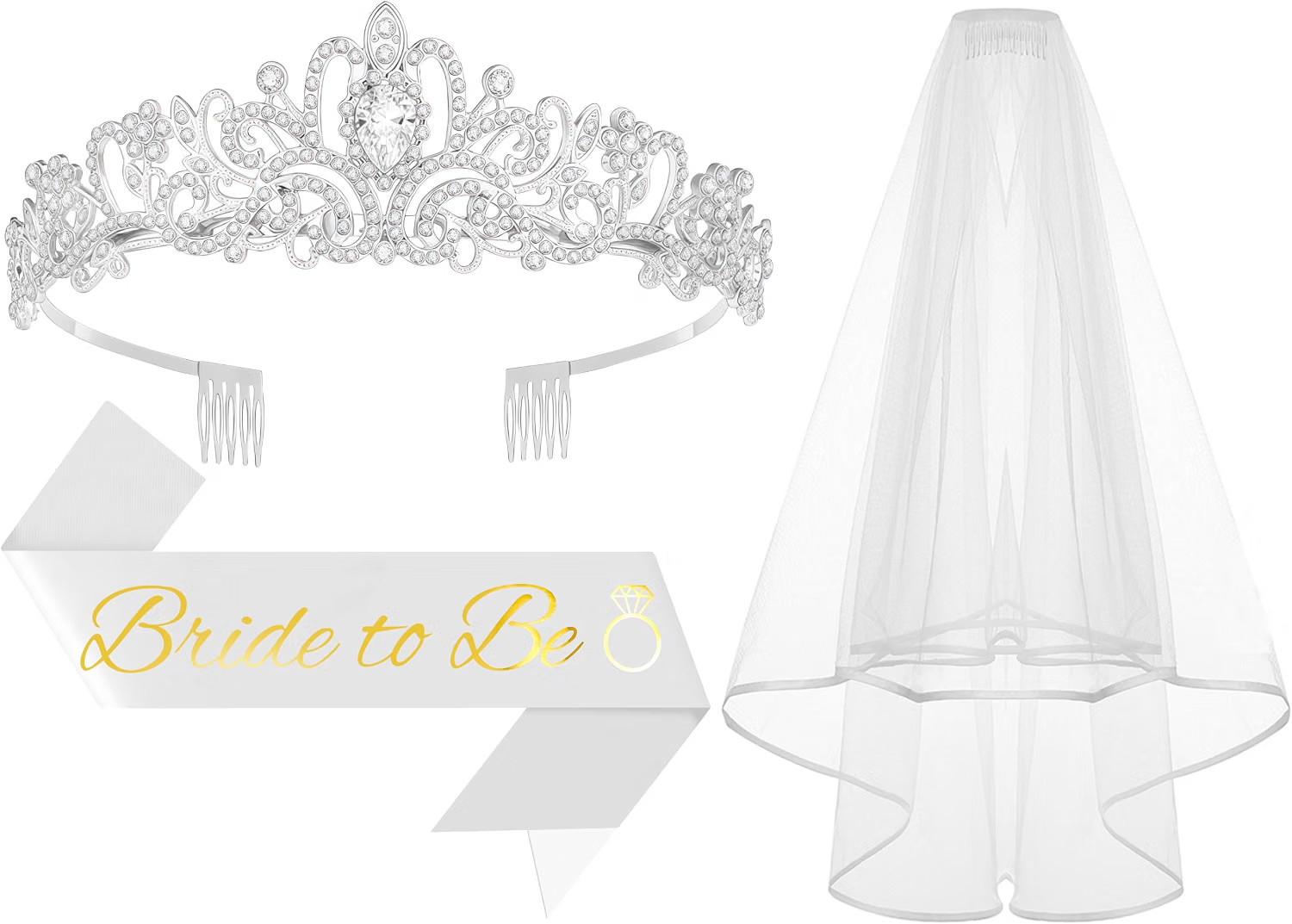 3Pcs Bride to Be Crown with Sash and Veil for Bachelorette Party Decorations, Bridal Shower Accessories for Gift, Favors | Amazon (US)