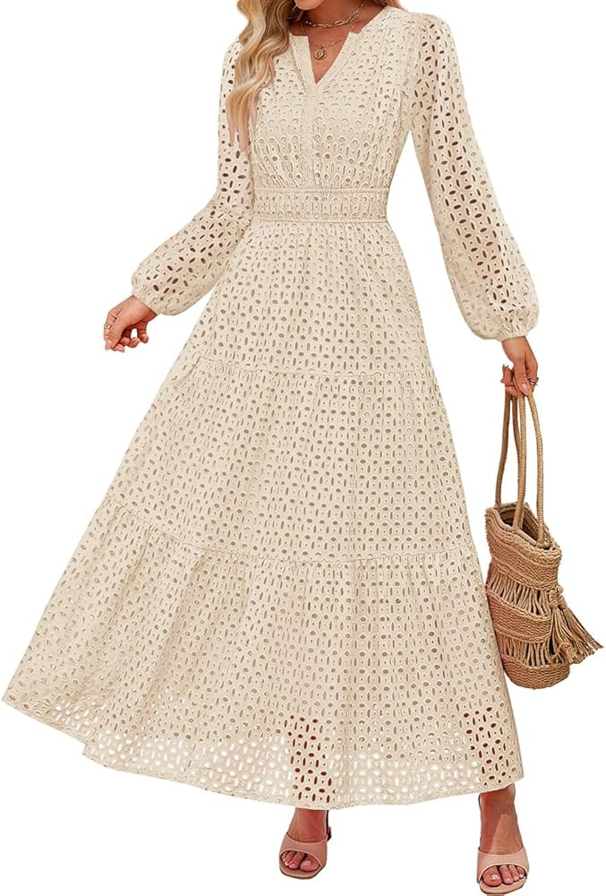 ZESICA Women's 2025 Fall Long Sleeve Maxi Dress V Neck Hollow Out Eyelet A Line Long Flowy Casual... | Amazon (US)