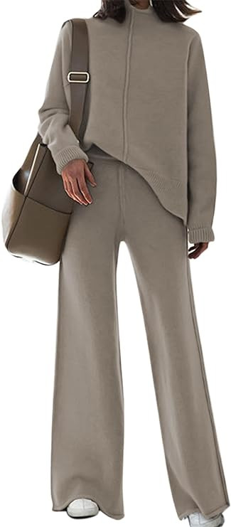 Viottiset Women's 2 Piece Outfits Sweater Set Wide Leg Pants High Neck Sweatsuit Loungewear | Amazon (US)