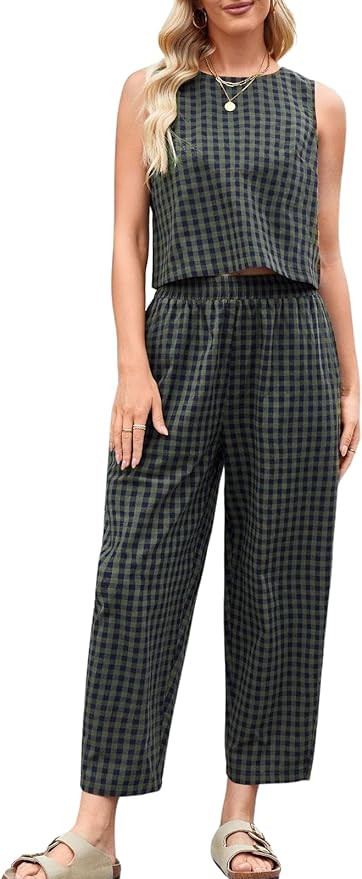 Womens Cotton Checker Set 2 Piece Beach Vacation Outfit Summer Tank Top Pants Suit | Amazon (US)
