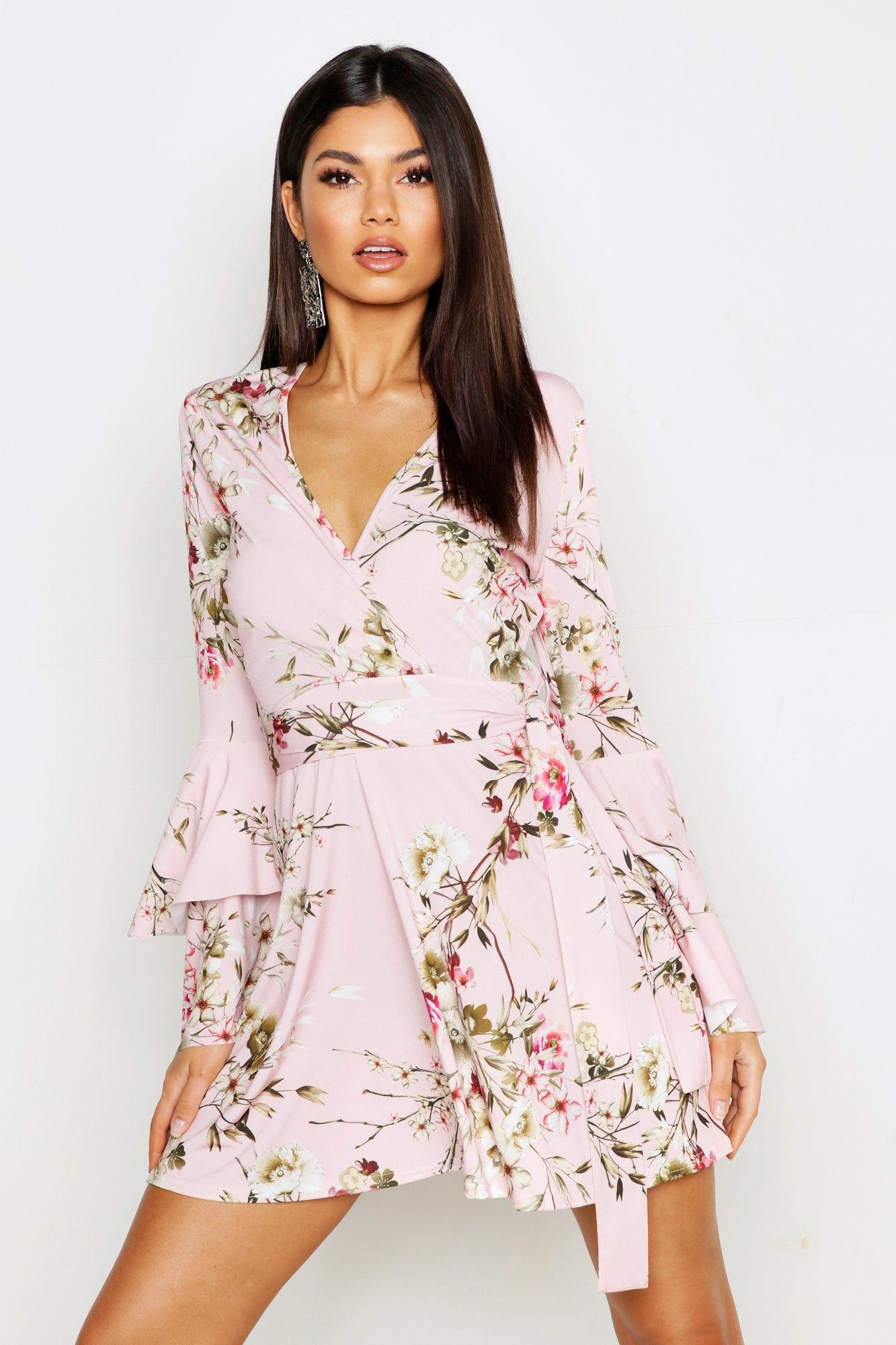 Womens Floral Wrap Extreme Ruffle Sleeve Skater Dress - Pink - 10 | Boohoo.com (US & CA)