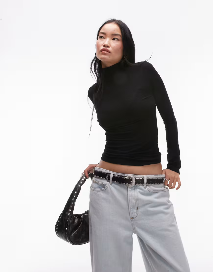 Topshop premium rib long sleeve funnel neck top in black-No color | ASOS (Global)