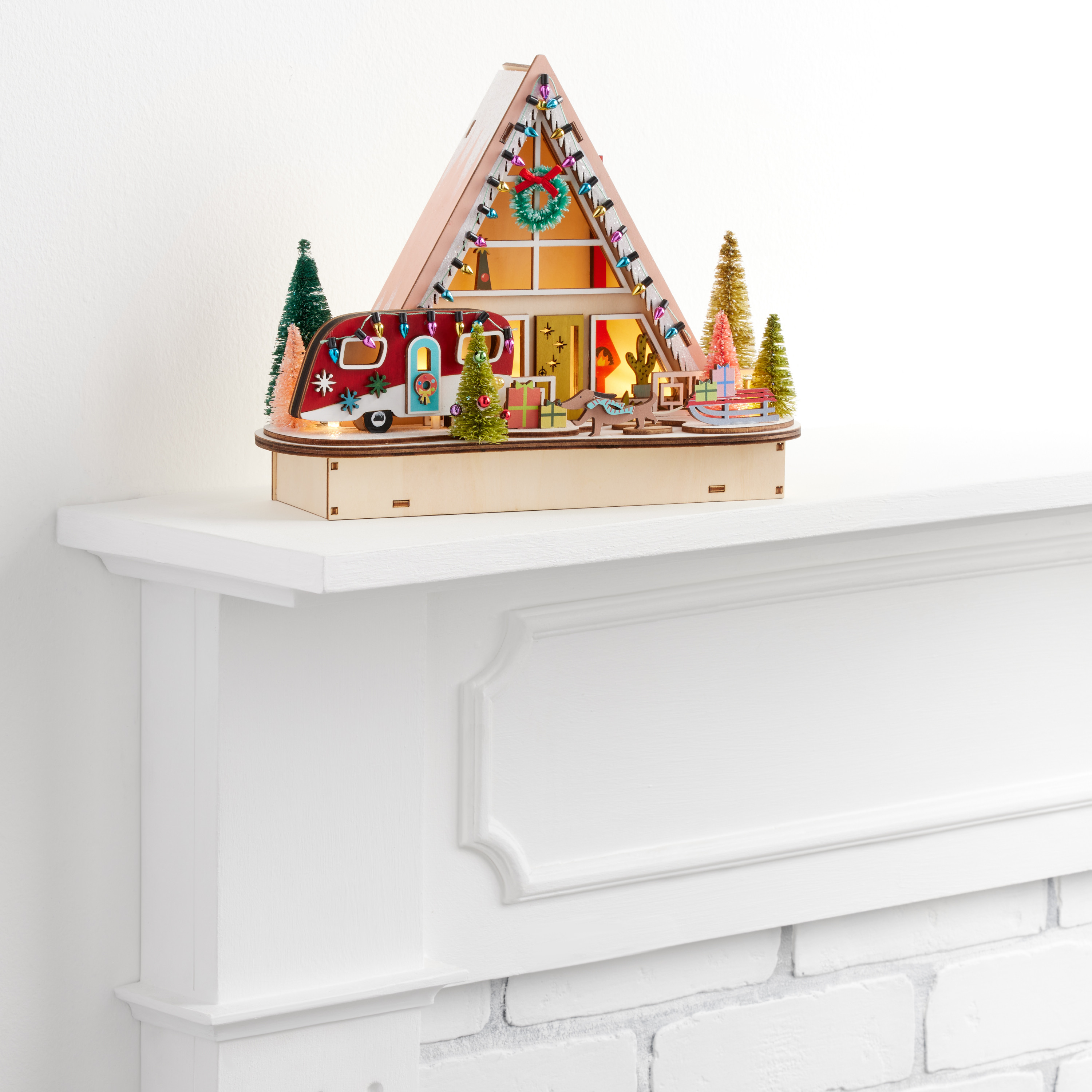 Laser Cut Wood Mid Century A Frame House LED Light Up Decor | World Market