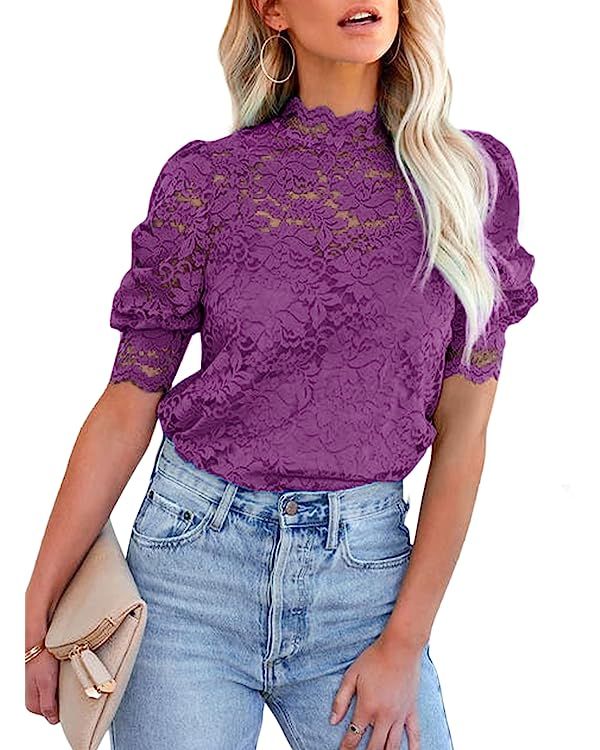 FARYSAYS Women's Lace Tops Puff Short Sleeve Mock Neck Casual Blouses Shirts with Separable Cami | Amazon (US)