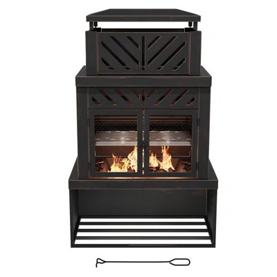 Outdoor Patio Multifunctional Wood-Burning Steel Fireplace with Chimney, Log Holders, Fireplace Tool,Winter Patio Ambience & Practicality Double Duty | Wayfair North America