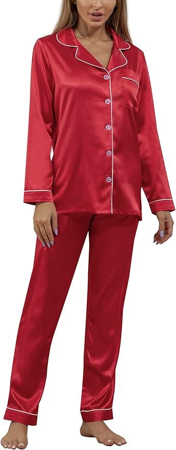 YIMANIE Womens Silky Satin Pajamas Set Classic Sleepwear Loungewear | Amazon (US)