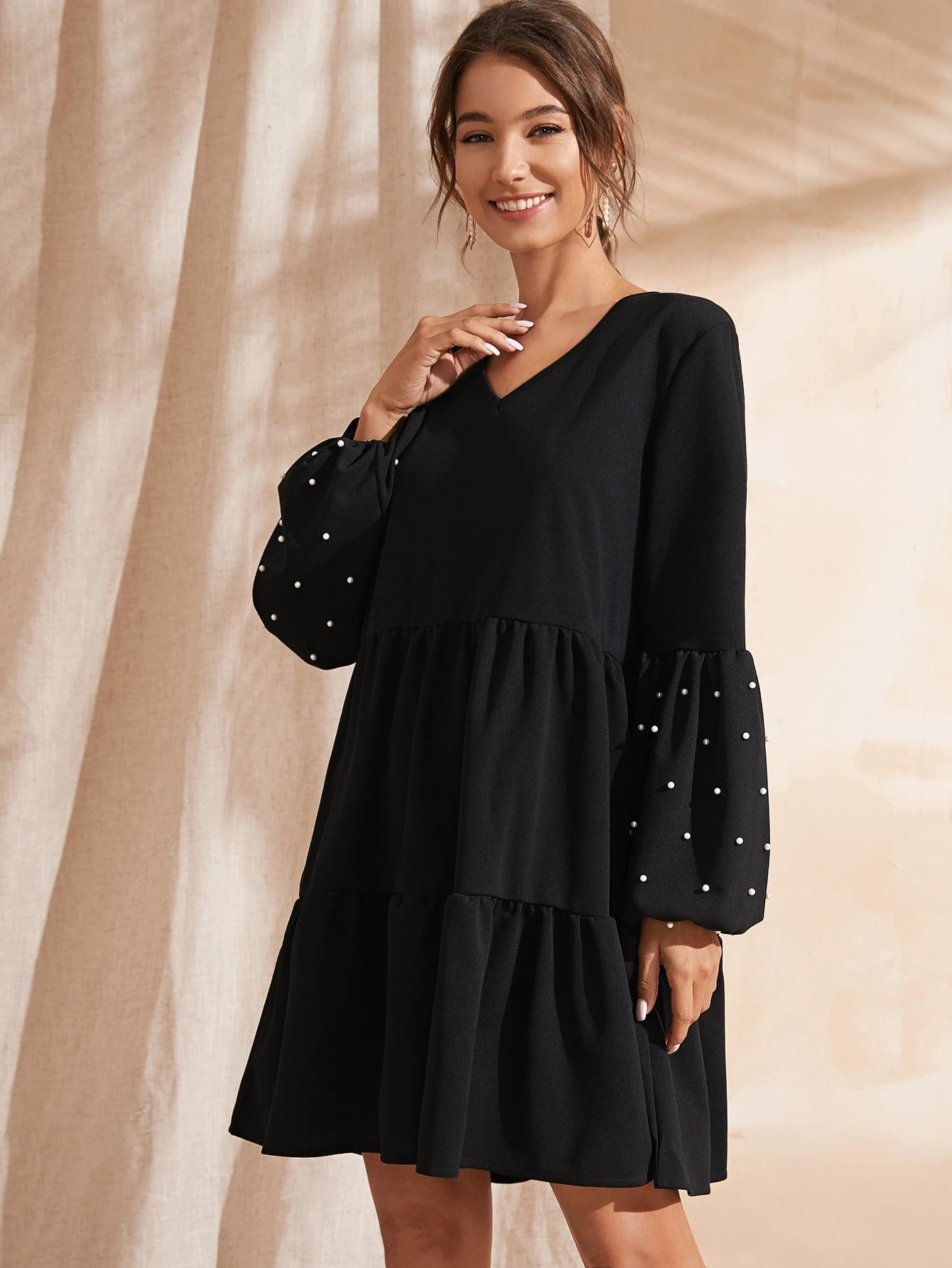 Pearls Beaded Bishop Sleeve Smock Dress | SHEIN