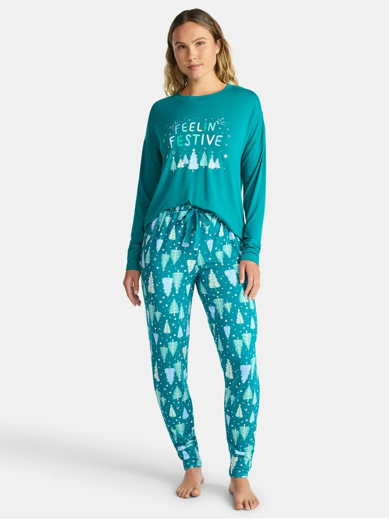 Jaclyn Women's and Women's Plus Holiday Graphic Sleep Tee and Jogger Pants Pajama Set, 2-Piece, S... | Walmart (US)