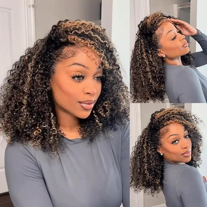 ISEE Hair Highlight Ombre Brown Kinky Curly Half Wig Human Hair 3 In 1 Seamless Flip Over Drawstring Wear Go Glueless Half Wigs For Women Beginners Friendly No Lace No Glue 180% Density 20 Inch | Amazon (US)