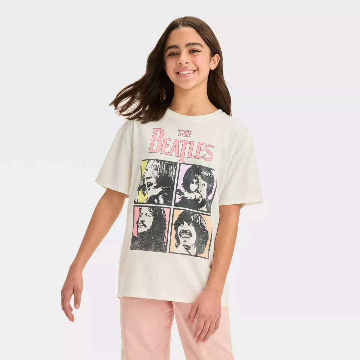 Girls' Short Sleeve Oversized The Beatles Graphic T-Shirt - art class™ Off-White | Target