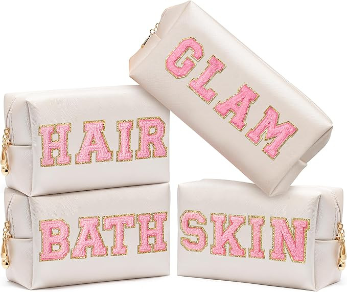 CY2SIDE GLAM Letter Makeup Bag - 4PCS Pink Glam Skin Hair Bath Chenille Letter Patch Cosmetic Bag... | Amazon (US)