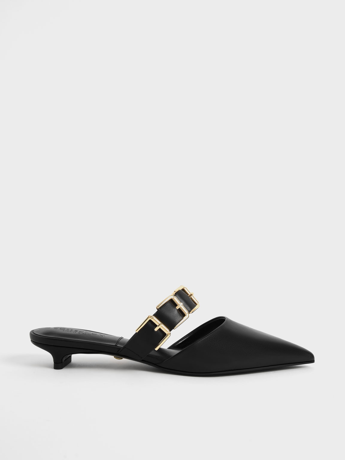 Buckled Leather Kitten Heel Mules
 - Black | Charles & Keith UK