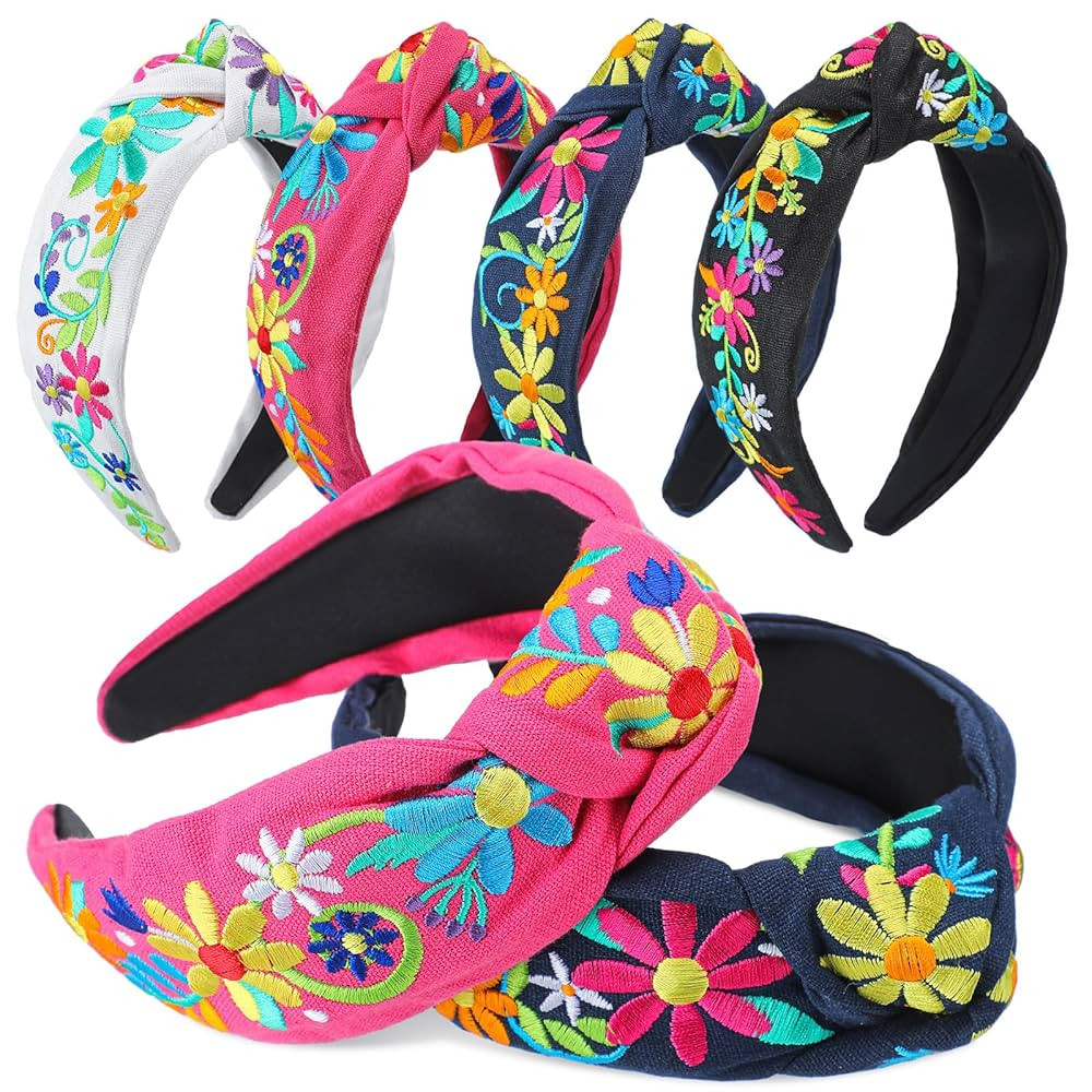 Hoteam 4 Pcs Mexican Embroidery Headband for Women Cinco De Mayo Embroidery Flower Stripe Knotted... | Amazon (US)