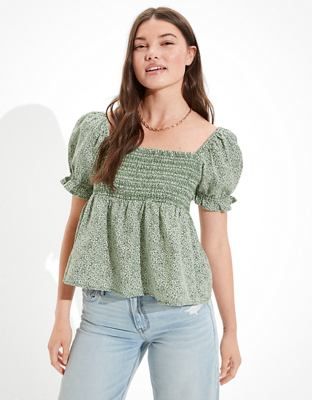 AE Square Neck Smocked Babydoll Blouse | American Eagle Outfitters (US & CA)