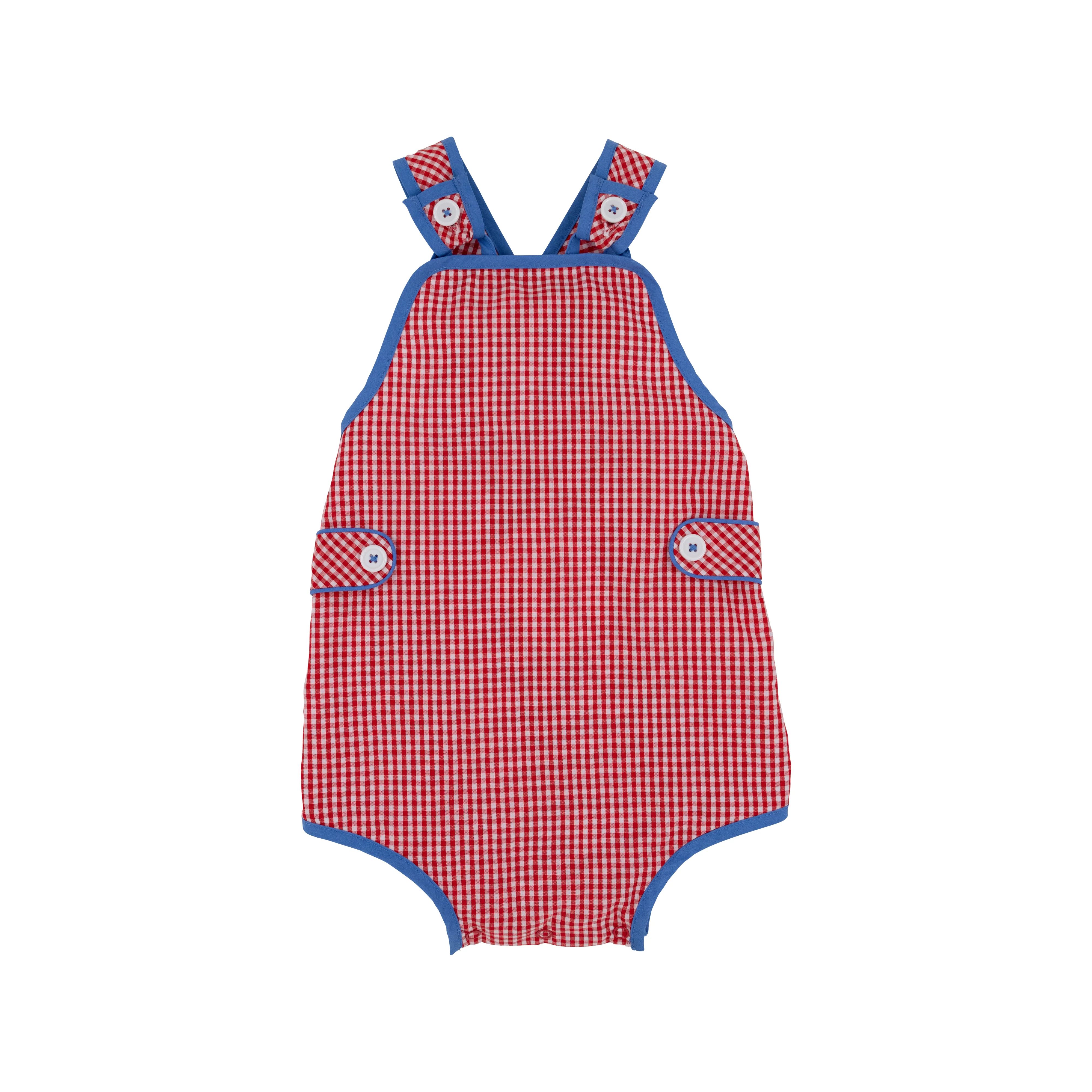 Skipper Sunsuit - Richmond Red Mini Gingham with Barbados Blue | The Beaufort Bonnet Company