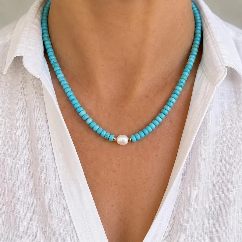 Kingman Turquoise & Baroque Pearl Necklace: Arizona Gemstone Choker, Gold or Silver | Etsy (Global)