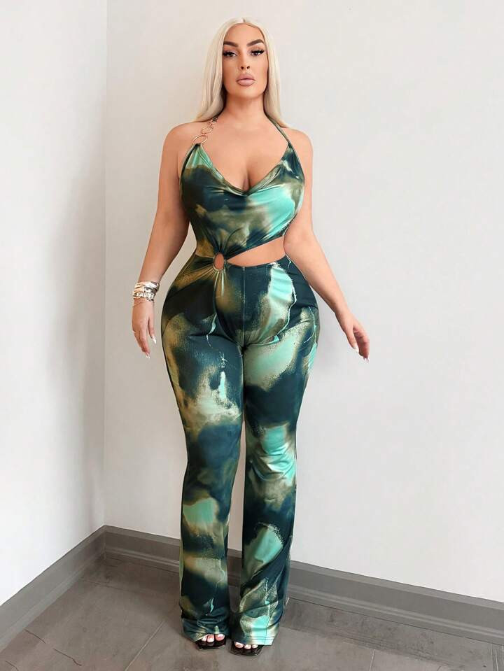 SHEIN SXY Plus Size Women Sexy Streetwear Gyanu Y2K Bleach Print Plunge Neck Backless Waist Cutout Metallic Ring Romper, Suitable For Everyday Wear, Date Night, Birthday, Bachelorette Party Outfit, Elegant, Casual, Shopping, Streetwear, Going Out, , Easy To Match & Looks Slim, Accentuates Your Body, Flatters The Figure | SHEIN