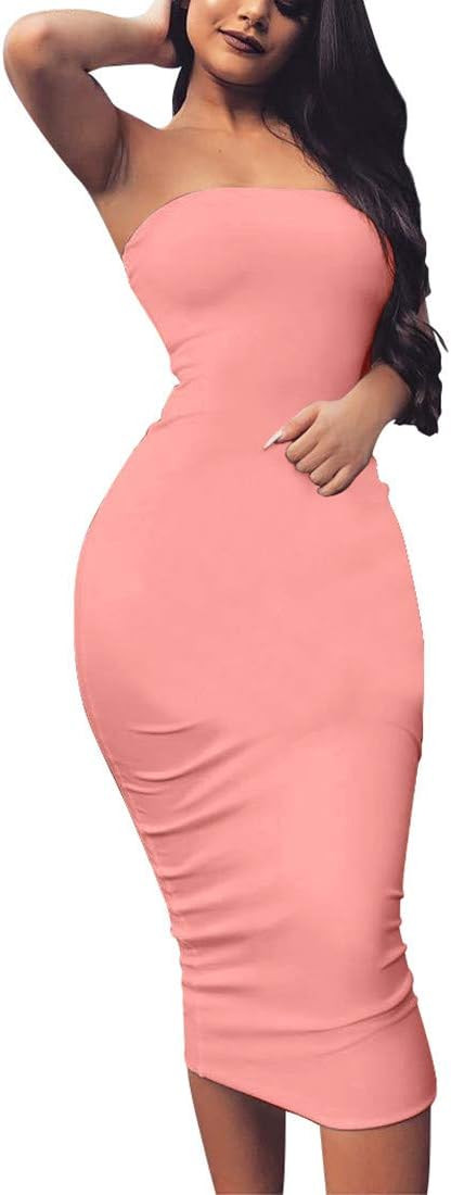 BORIFLORS Women's Basic Sleeveless Tube Top Sexy Strapless Bodycon Midi Club Dress | Amazon (US)
