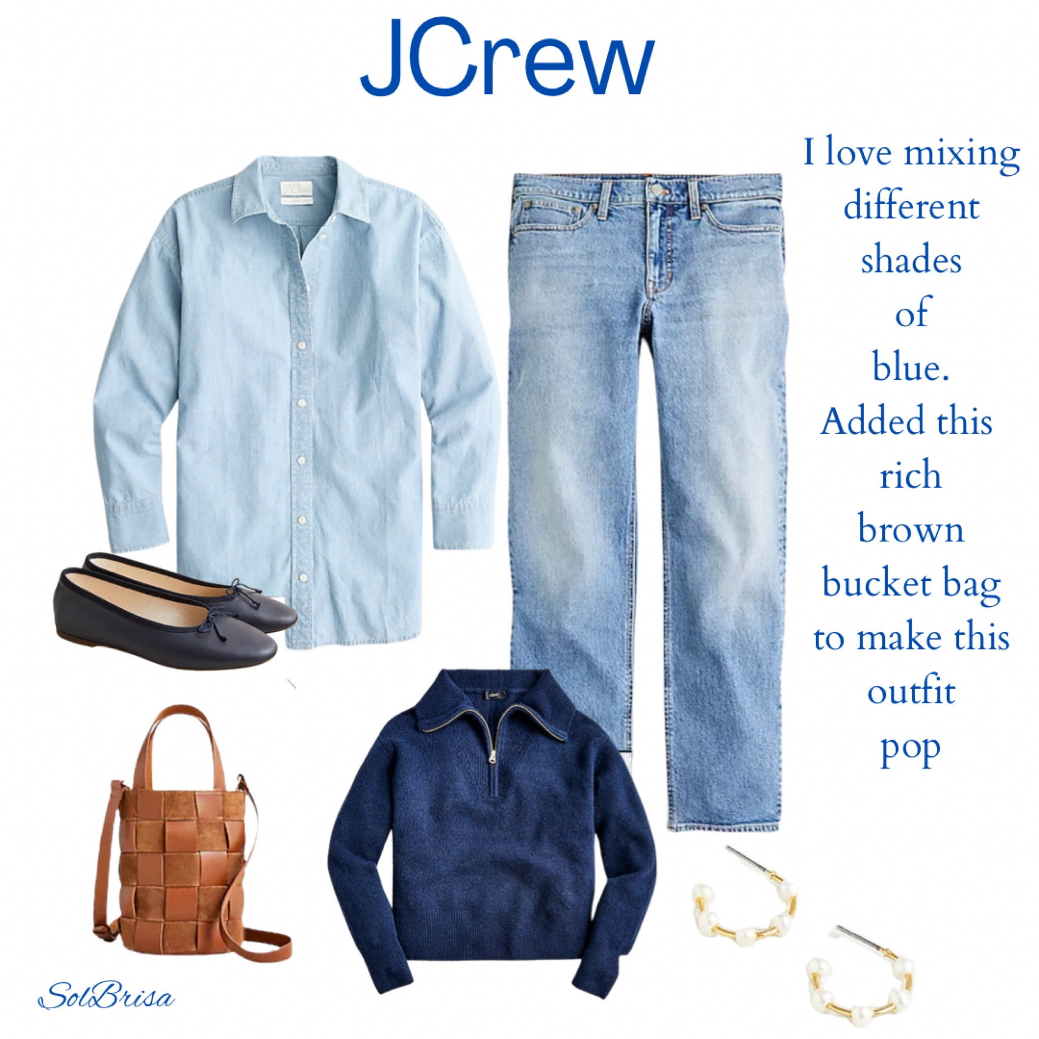Casual outfit with a relaxed style chambray shirt, mid rise straight leg jeans, and a navy blue relaxed half zip sweater. Added these navy blue ballet flats and accessorized with gold pearl hoops. This rich brown bucket bags makes the blue tones in this outfit pop! I linked some similar bag colors, since this one currently just sold out. 

Casually look
Casual outfit 
Button down shirt 
Denim jeans
Jcrew outfits 
Jcrew style 
Pearl earrings 
Leather suede bucket bag
Sweaters 
Sweater outfit 
Capsule closet 
Staple wardrobe pieces 
Fall trends 
Fall shoes 
Flat shoes 
Monochromatic 


#LTKstyletip #LTKsalealert #LTKSeasonal