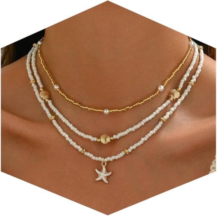 Shell Starfish Necklace for Women, 14k Gold Plated Boho Layered Beaded Charm Pendant Necklace, Da... | Amazon (US)
