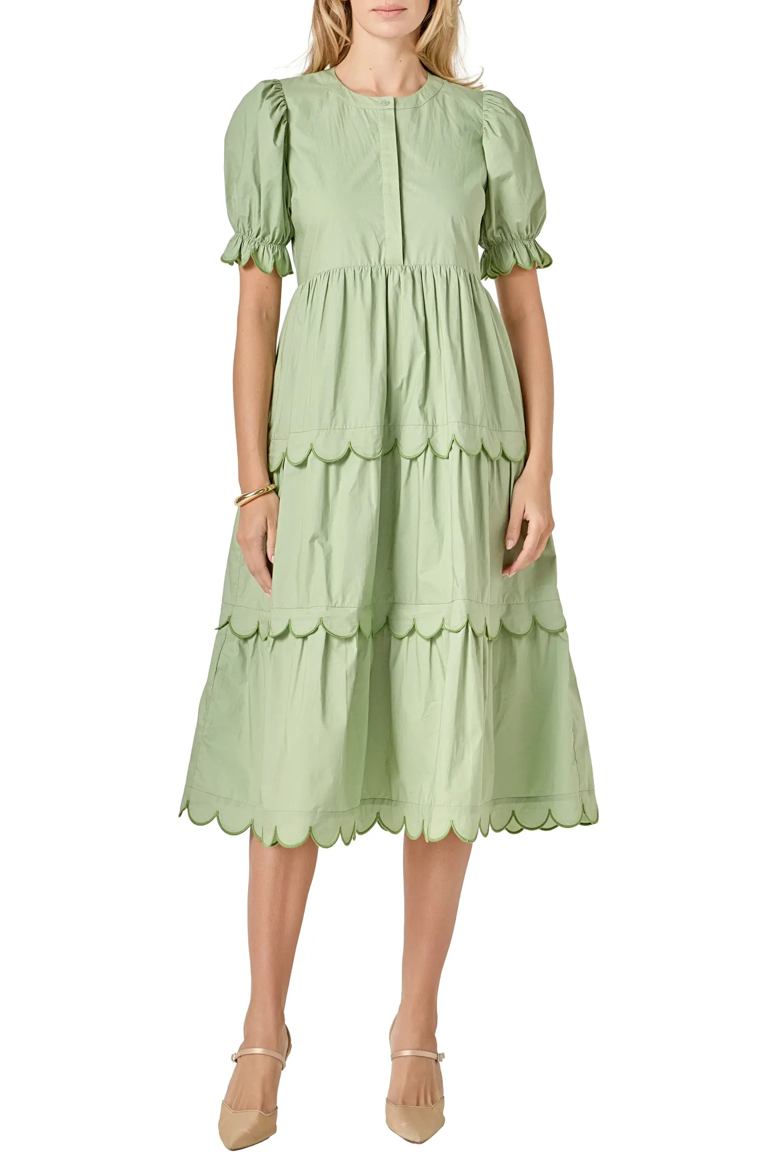 Contrast Scalloped Trim Cotton Midi Dress | Nordstrom