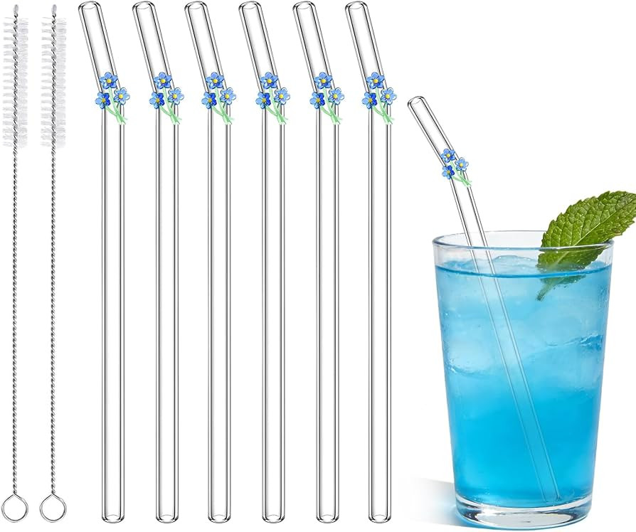 6 Pcs Cute Glass Straws Shatter Resistant with 2 Cleaning Brushes, Reusable Glass Straws with Cha... | Amazon (US)