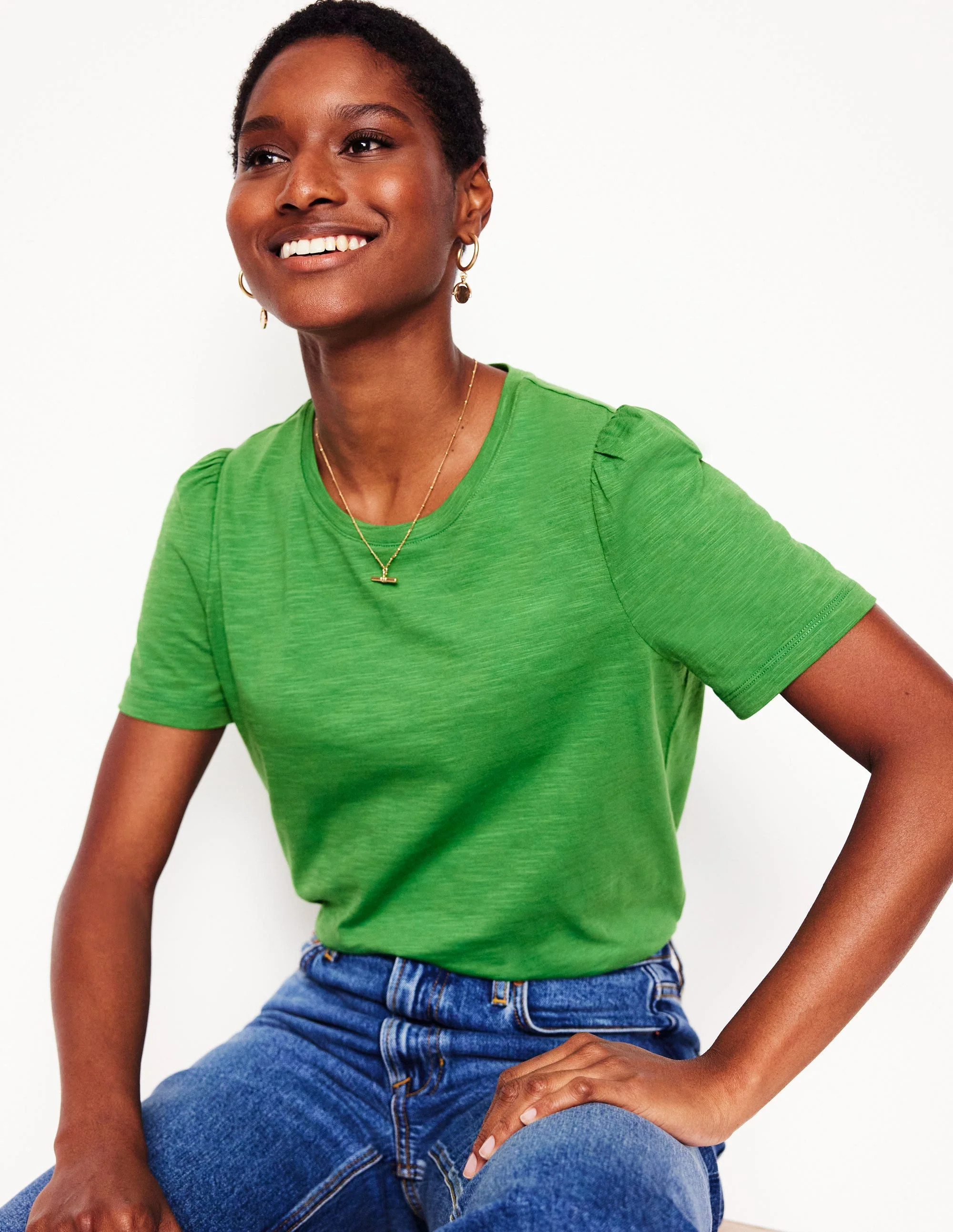Cotton Puff Sleeve T-Shirt-Paradise Green | Boden (US)