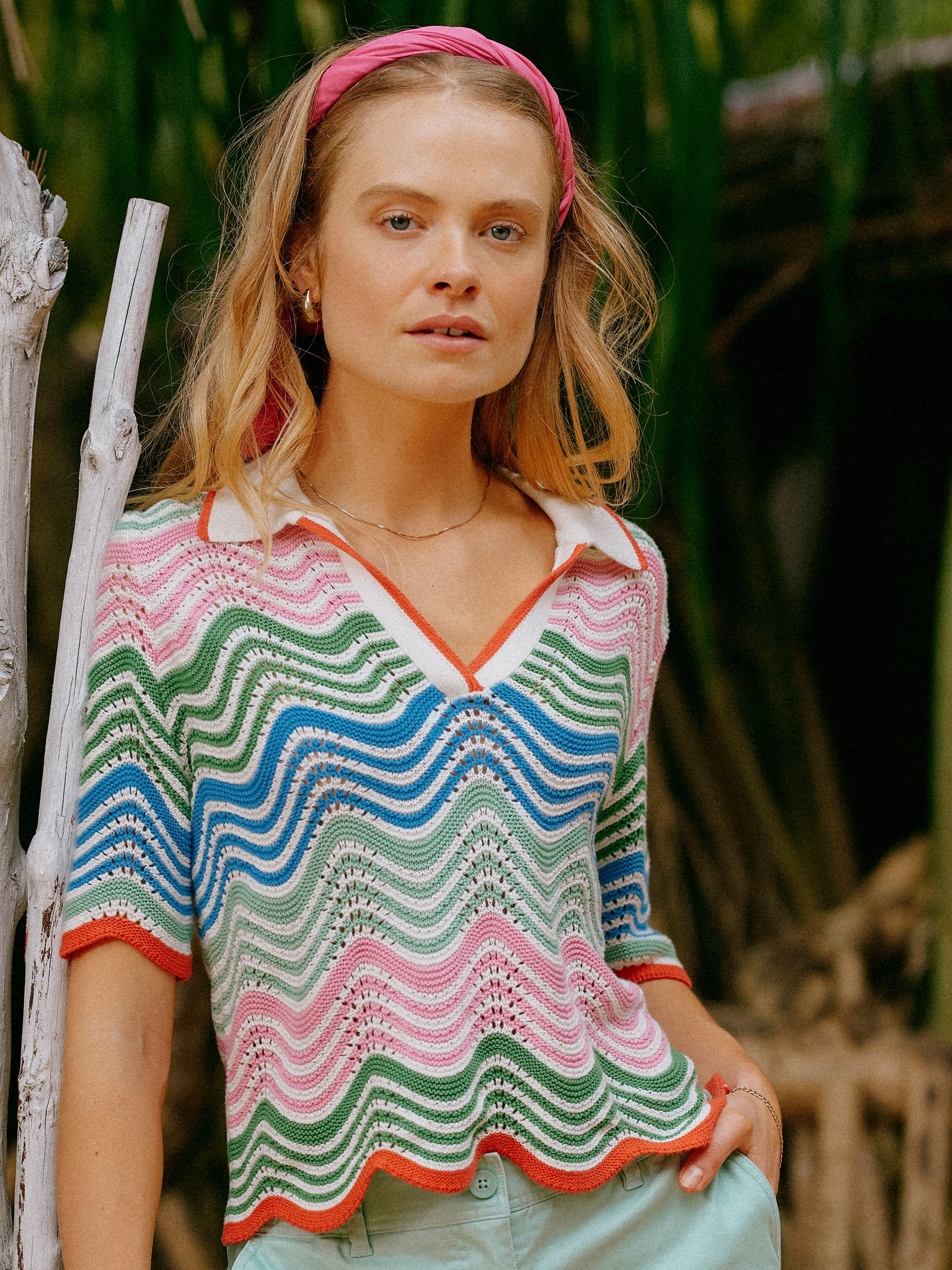 Sandy Multi Cotton Wave Knitted Polo Shirt | Joules | Joules