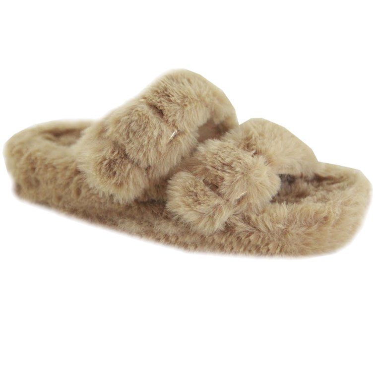 New Women's Buckle Double Strap Sherpa Teddy Faux Fur Flat Plush Sandal Slipper (FREE SHIPPING) | Walmart (US)