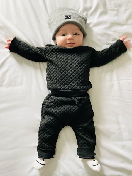 ▪️Black quilted two piece set for baby, baby jogger set, smiley hat, smiley beanie

*Five months in this pic— beanie that he’s wearing is pretty big— it fits me! I recommend the last product linked. He has a couple of those and they fit great! 

#LTKbaby #LTKkids #LTKfamily