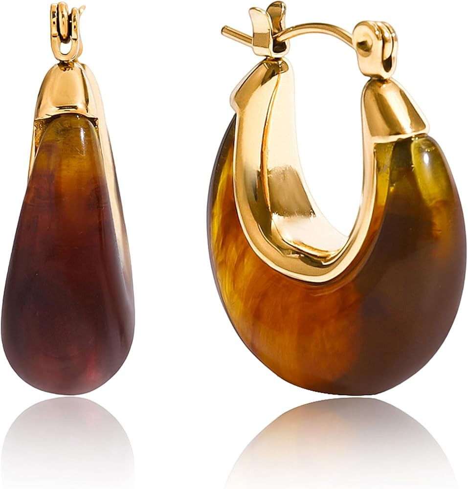 Resin Hoop Earrings for Women Gold Tone Chunky Oval Lightweight Retro Statement Earrings for Dail... | Amazon (US)