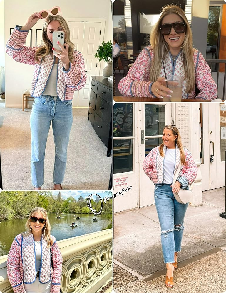 Omoone Women's Cropped Floral Reversible Quilted Jacket Cardigan Printed Lightweight Open Front P... | Amazon (US)