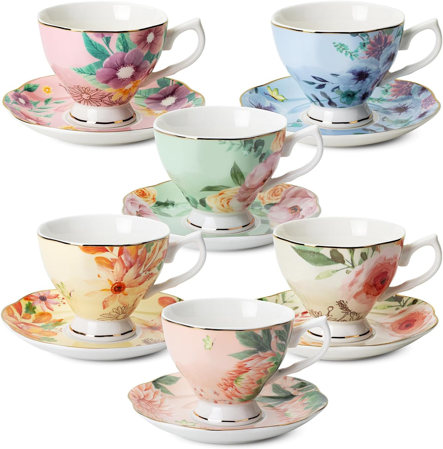 Brew To A Tea BTaT- Tea Cups and Saucers Set of 6, Tea Set, Floral Tea Cups (8oz), Porcelain Tea ... | Amazon (US)
