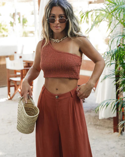 New Horizons Smocked One Shoulder Crop Top | VICI