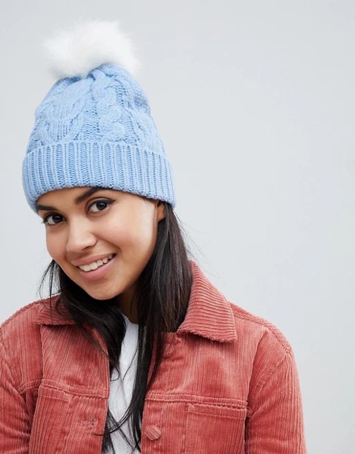 Oasis cable knit beanie with fur pom pom in blue | ASOS US