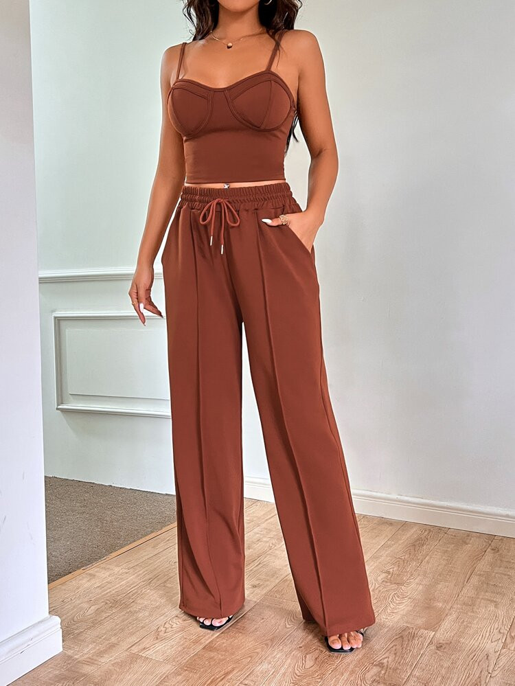 Bustier Cami Top & Drawstring Waist Slant Pocket Pants | SHEIN