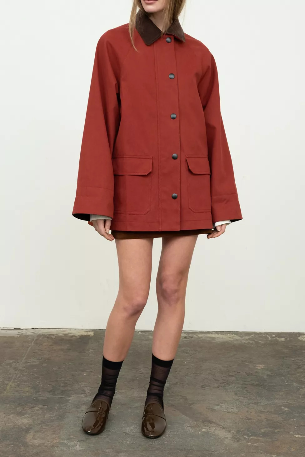 Moon River Corduroy Collar Oversized Red Barn Jacket | Urban Outfitters (US and RoW)