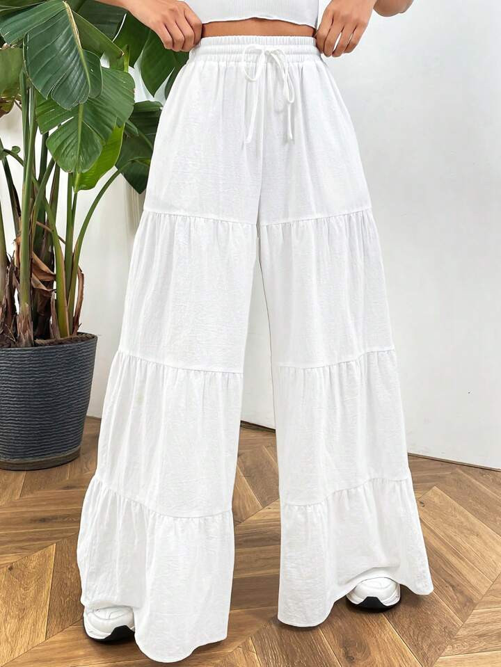 SHEIN EZwear Linen White Woven Wide Leg Pants For Women | SHEIN