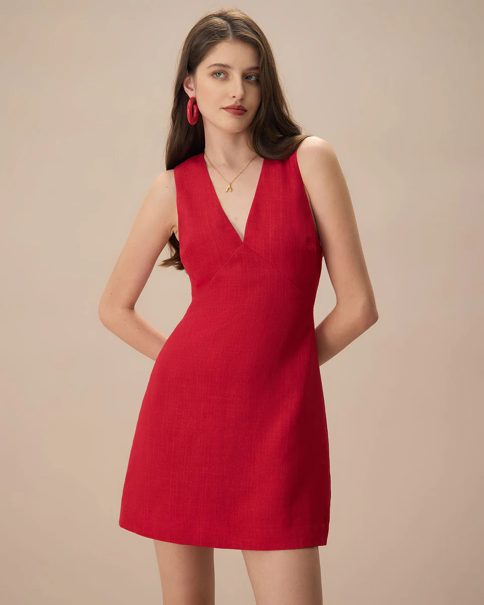 The Red V Neck Sleeveless Linen Mini Dress & Reviews - Red - Dresses | RIHOAS | rihoas.com