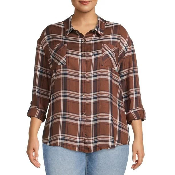 No Boundaries Juniors' Button-Front Plaid Shirt - Walmart.com | Walmart (US)