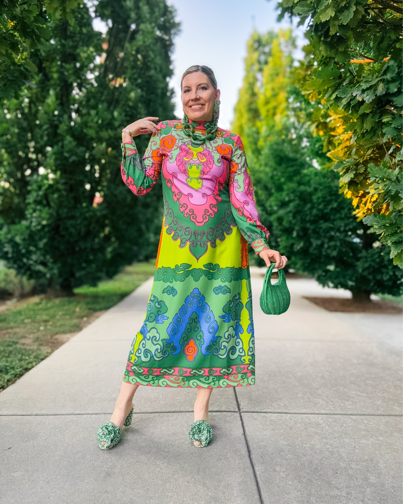 Look 2 - Main Street Muse 🎡 
A curated style series

This dress is probably what I wear if I were a cartoon character who only has one outfit.✨ 
Not only is it GORGEOUS but it’s amazingly comfortable as well. It’s one of those truly epic finds - from a smaller designer I’ve been loving, and it’s on sale right now (linked in stories + LTK!). The retro ‘60s-inspired colors and pattern instantly made me fall in love - playful, bold, and full of personality. This is exactly the kind of piece that makes getting dressed feel like an event, and I already know I’ll be reaching for it a million more times. 🌈

🌟 About Main Street Muse: This capsule is all about showcasing wearable yet whimsical pieces that capture everyday magic. My capsules mix designer, rental, secondhand, and high-street finds to create cohesive wardrobes you can actually wear on repeat — and hopefully spark ideas for your own styling, too.

Dress - Boo Pala (linked)
Bag - Kate Spade x Target (linked)
Necklace - Piper K (linked)
Earrings - Dillards (past season, linked)
Shoes - Dillards (linked)
Bracelets & rings - Rocksbox (similar linked)


#MainStreetMuse #CapsuleWardrobe #RetroStyle #60sStyle #StatementStyle #SmallDesignerLove #WhimsicalWardrobe #ColorfulCloset #CapsuleStyle #OOTDinspo #FallStyleInspo #RetroVibes

#LTKShoeCrush #LTKSeasonal #LTKSaleAlert