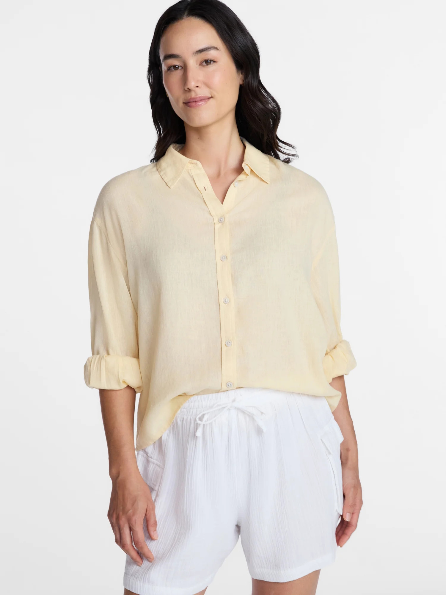 Time and Tru Women's Linen Blend Button Front Cropped Top with Long Sleeves, Sizes XS-XXXL - Walm... | Walmart (US)