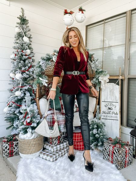 Burgundy Deep red velvet blazer | Christmas blazer jacket | black leather leggings | leggings outfits | black feather heels | holiday party outfit |Christmas outfits 

#LTKover40 #LTKHoliday #LTKparties