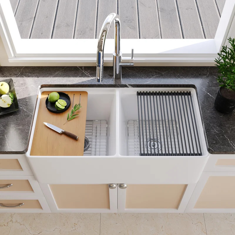 DeerValley 33" L X 20" W Double Basin Workstation Farmhouse Kitchen Sink With Sink Grid, Cutting ... | Wayfair North America