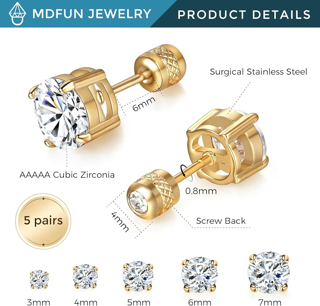 5 Pairs Screw Back Stud Earrings Set, Cubic Zirconia Stud Earring for Women Men Hypoallergenic 31... | Amazon (US)