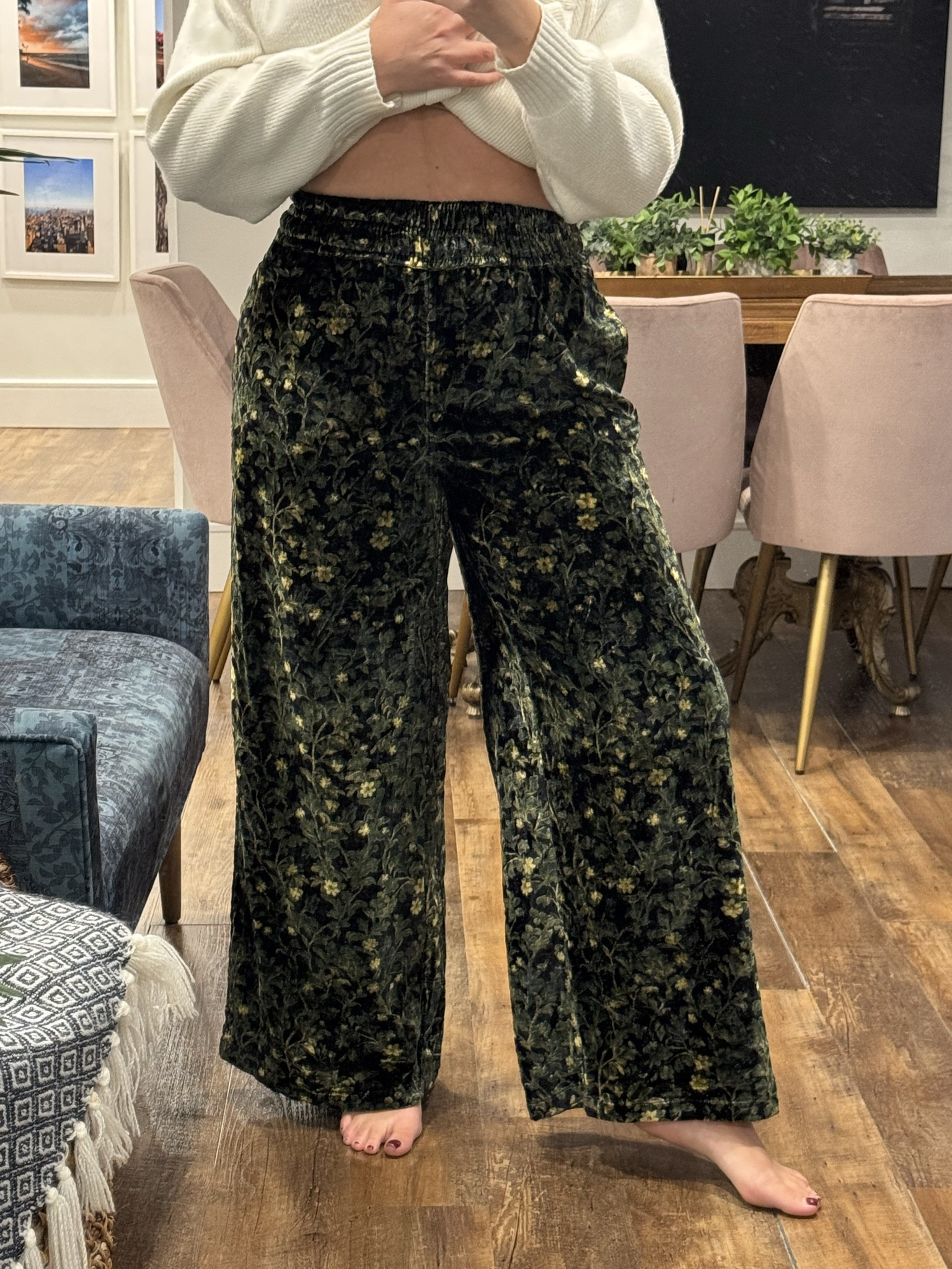 Velvet Wide Leg Printed Pants. Perfect elastic waist pants that still look elevated for the holidays & thanksgiving. Wearing a medium, true to size. Thanksgiving outfit. Thanksgiving pants. 

 #LTKHoliday #LTKSeasonal #LTKMidsize