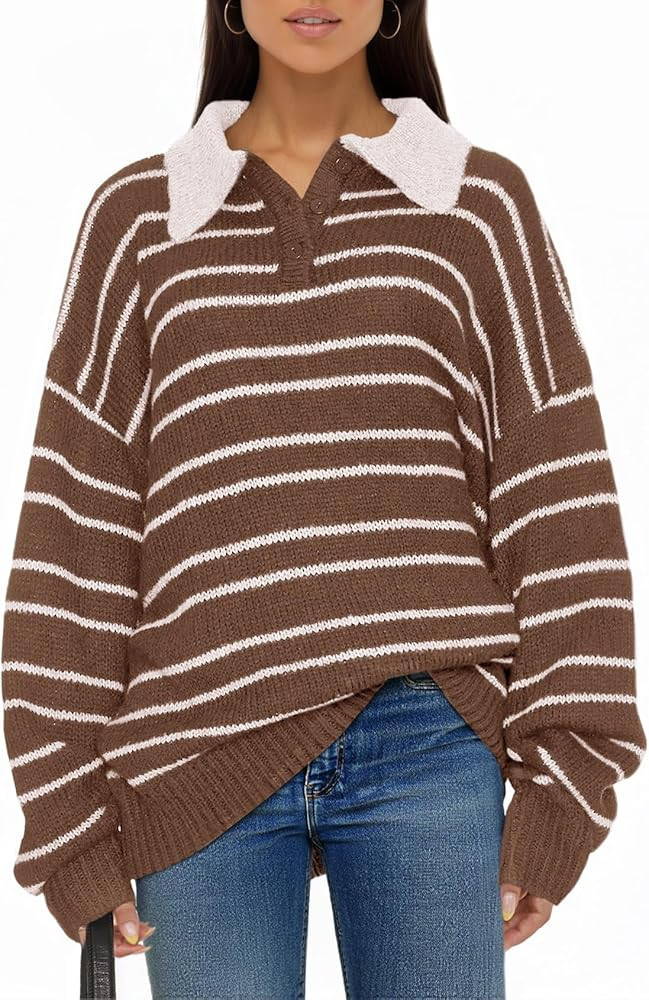 Saodimallsu Womens Striped Swaters Button Collared Polo Shirts Oversized Long Sleeve Chunky Knit ... | Amazon (US)