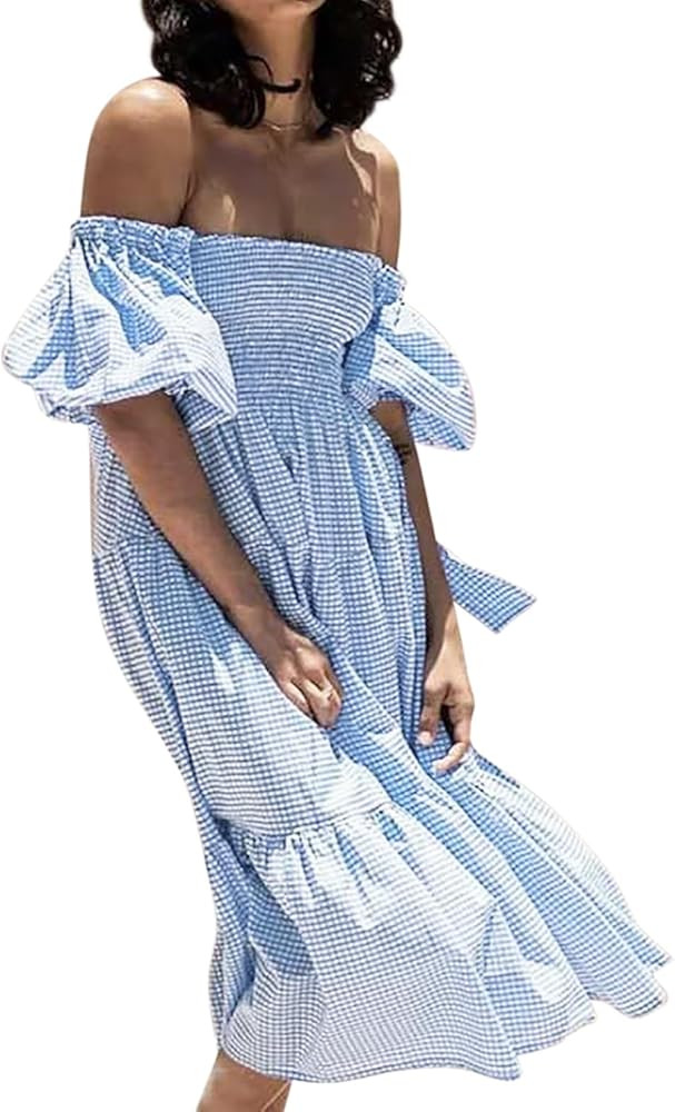 R.Vivimos Women's Summer Cotton Plaid Puff Sleeves Bow Casual Off-Shoulder Boho Midi Dress | Amazon (US)